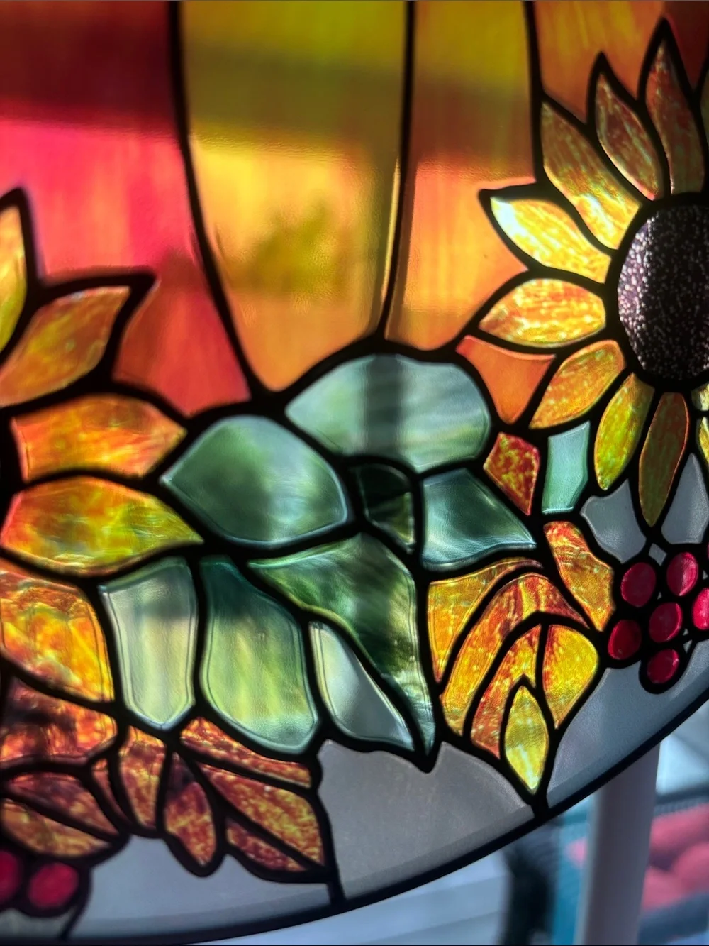 Hobby Lobby Pumpkin & Sunflowers Round Stained Glass Wall/Window decor,chain
